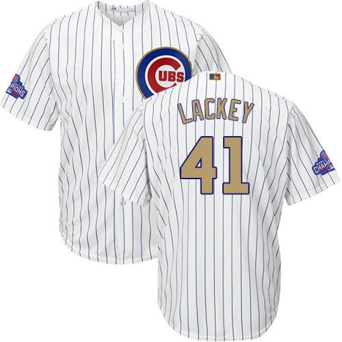 Cubs #41 John Lackey White(Blue Strip) Gold Program Cool Base Stitched MLB Jersey